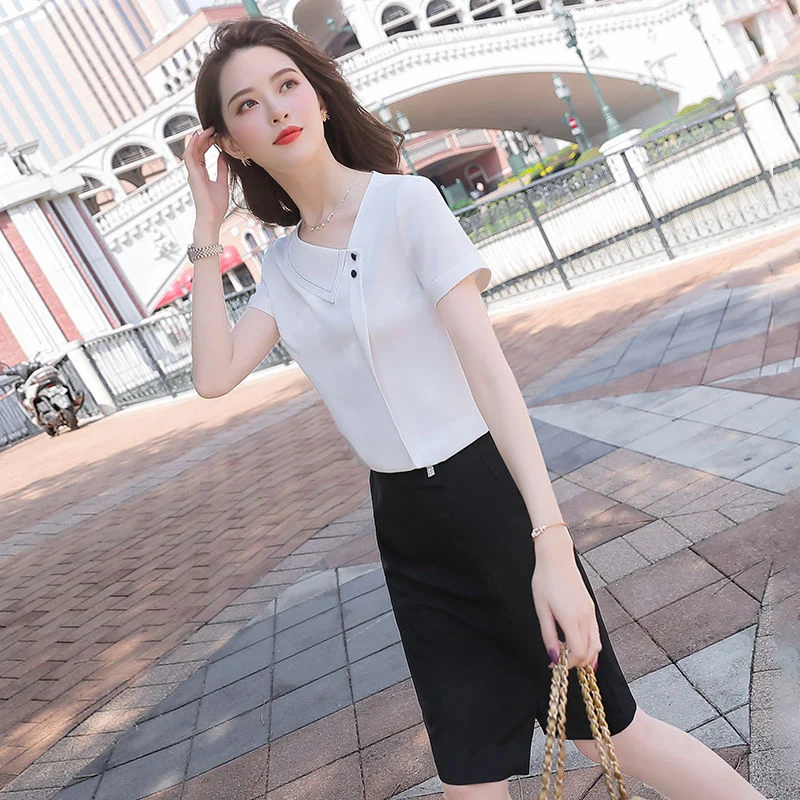 Women Spring Summer Style Chiffon Blouses Shirts Lady Casual Asymmetrical Collar Short Sleeve Chiffon Blusas Tops DF4028