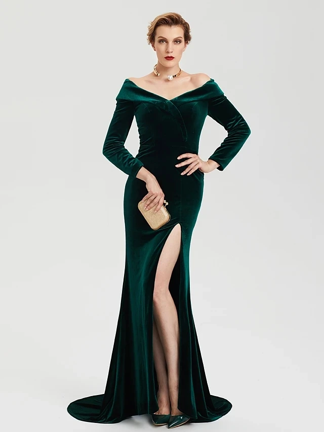 

Green Velvet Evening Formal Dress 2024 Off Shoulder Long Sleeve Slit Prom Party Gown Celebrity Style Vestidos De Feast