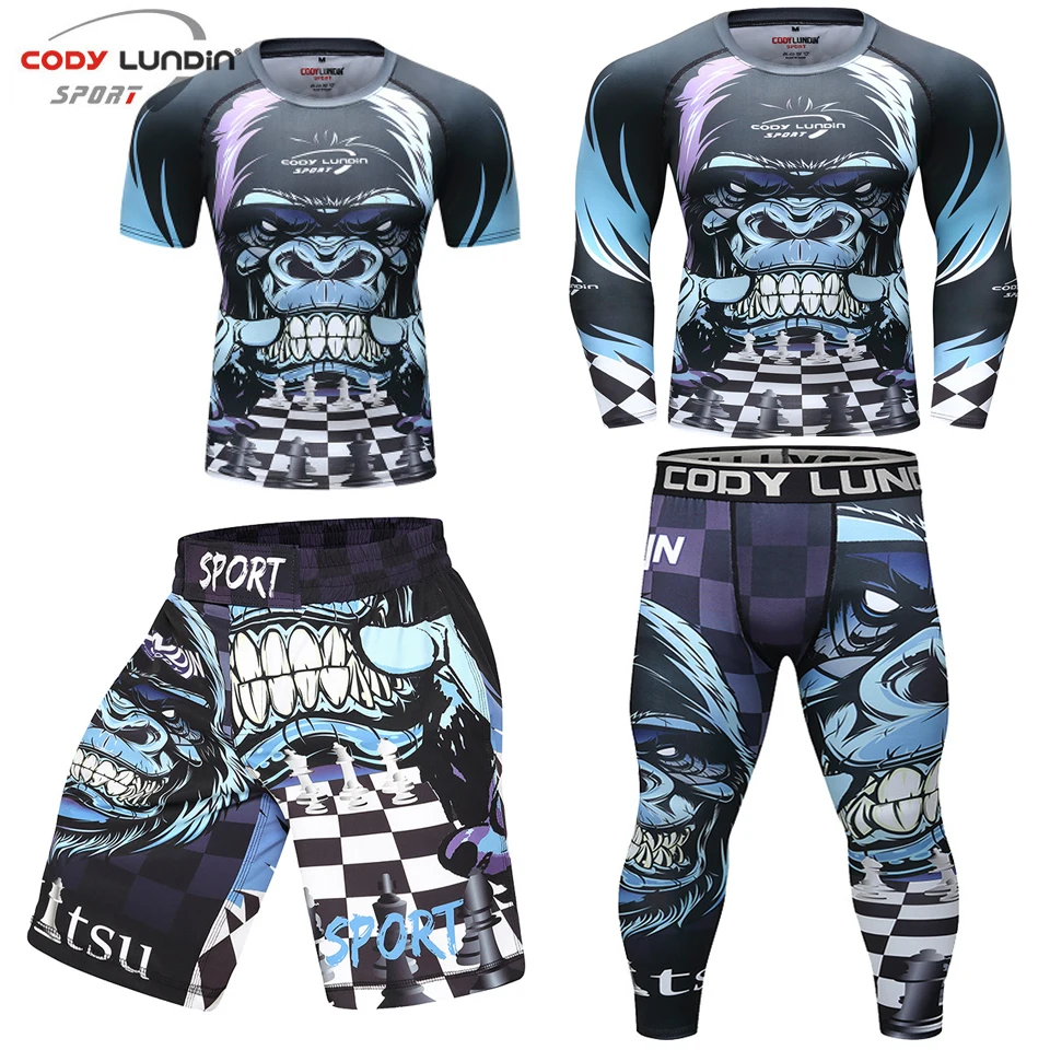 Jiu Jitsu MMA t-shirty + spodnie zestawy Bjj Rashguard dla mężczyzn Muay Thai szorty Mma Kickboxing boks ubrania gimnastyczne koszulki kompresyjne