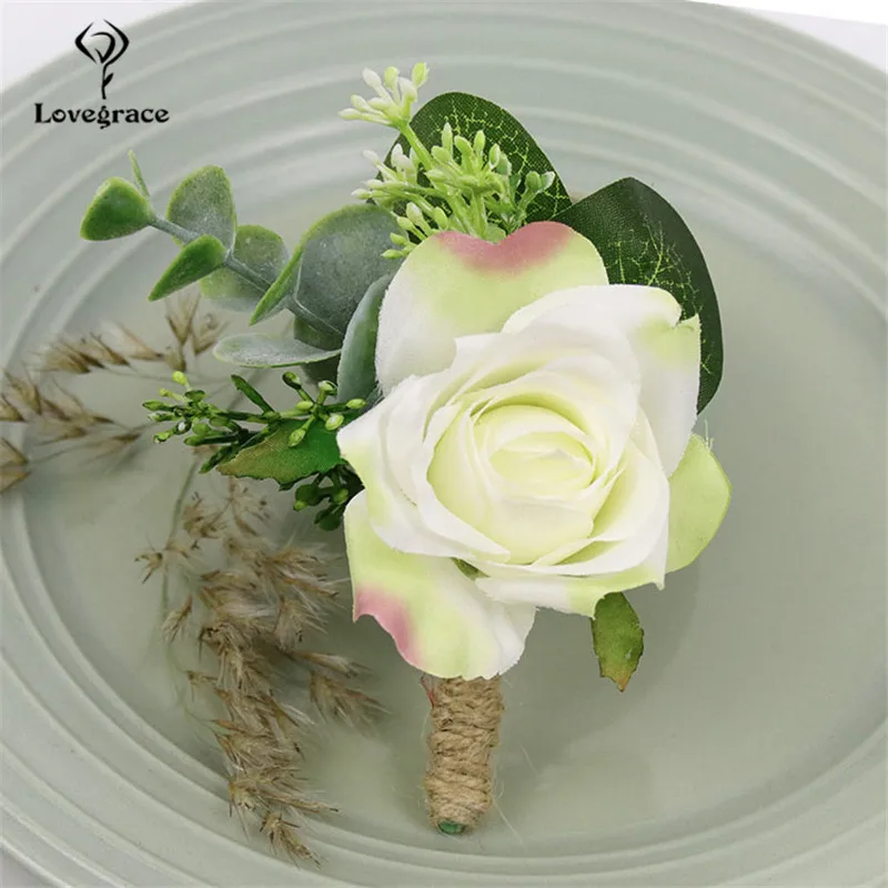 Lovegrace Faux Rose Kancing Pergelangan Tangan Korsase Groom Boutonniere Pin Manset Gelang Bridesmaid Pernikahan Saksi Sutra Bunga Korsase