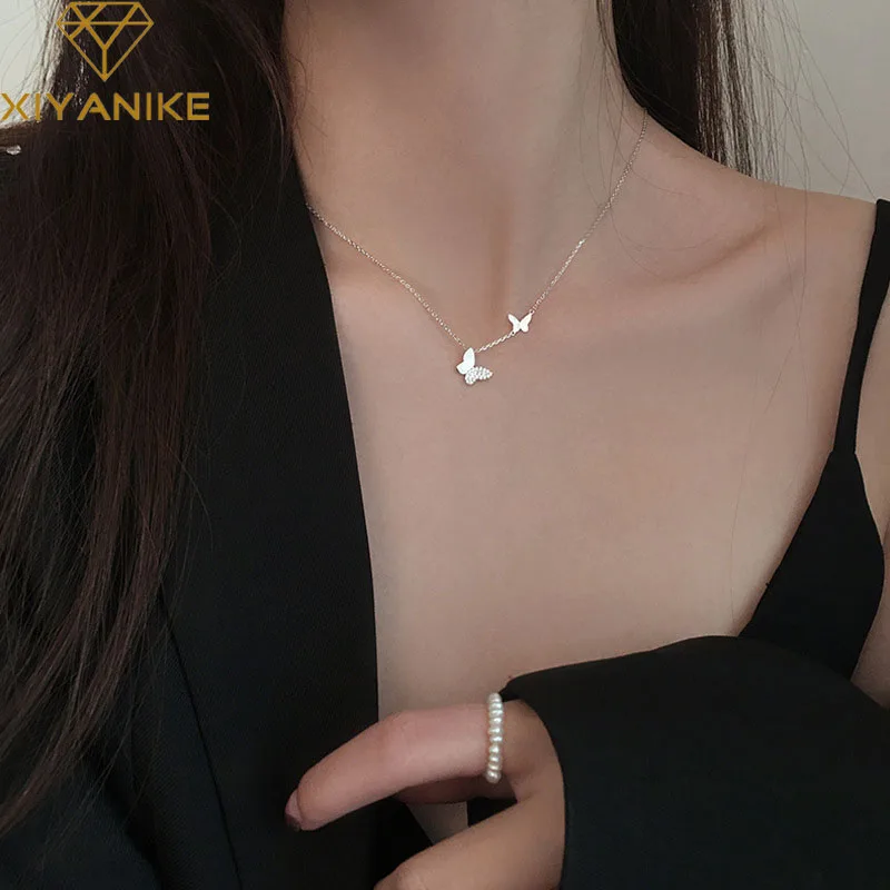 XIYANIKE Silver Color  Double Butterfly Pendant Necklace INS Simple Clavicle Chain Temperament High Quality Jewelry Female