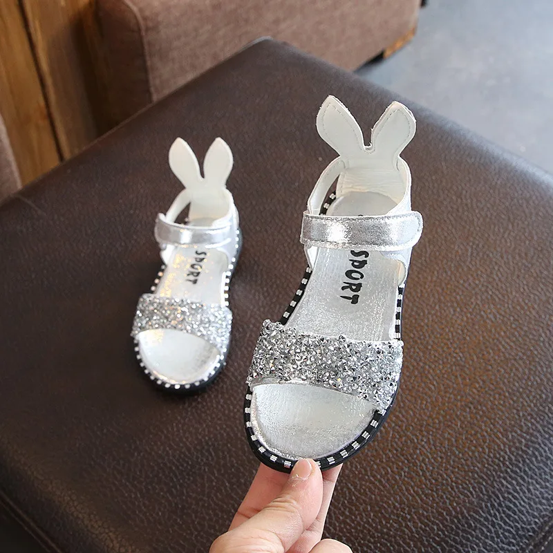 Summer Children\'s Rabbit Ear Sandals Fashion Glitter Rhinestone Girls Princess Roman Sandals Baby Kids Flat Non-slip Beach Shoes