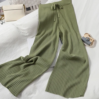 Pants Women Wide Leg Elastic Waist Pleated Knitted Solid Simple Casual Ankle-Length Korean Fashion Trendy Daily All-match Womens