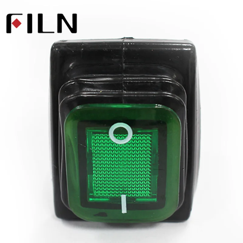 FILN Kcd4 Heavy Duty Four Foot Waterproof on Off Sliver Contact Point Copper Pin Green Red Led Lamp 220v 30A Rocker Switch