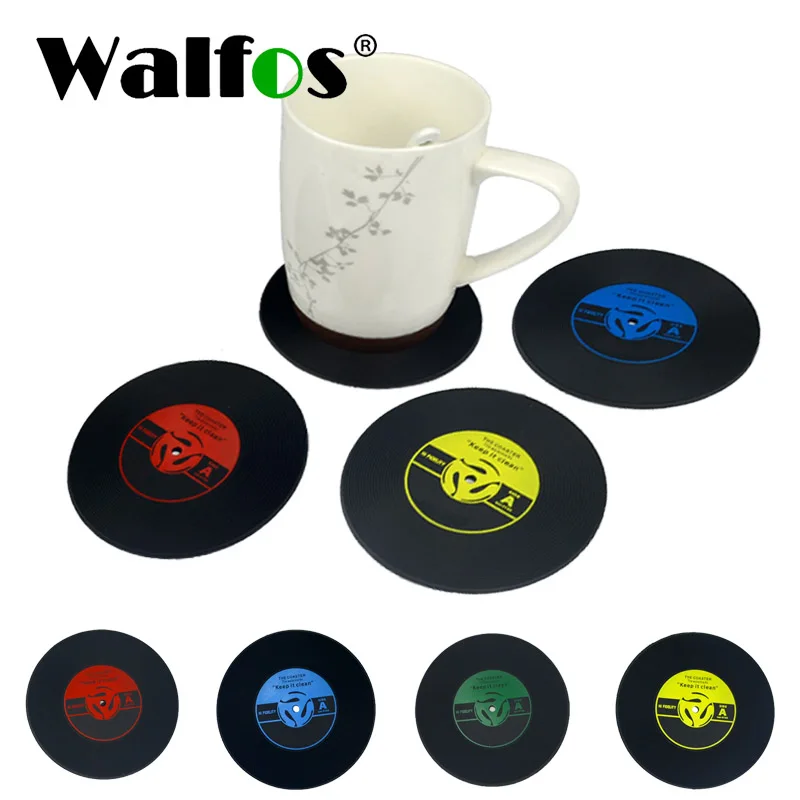 

WALFOS 4Pcs/set Retro Vinyl CD Record Drinks Coasters Coffee Placemat Silicone Printed Pattern Anti-fade Home Decor