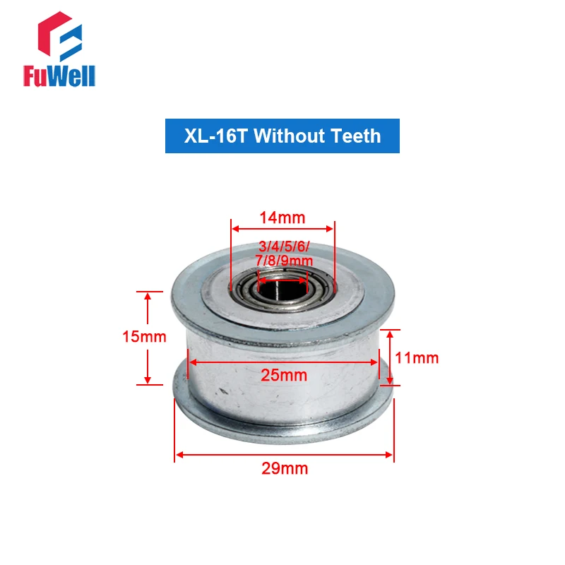 XL-16T Idler Timing Pulley 16Teeth Gear Pulley with Bearing Belt Width 11mm Bore 3/4/5/6/7/8/9mm Aluminum Alloy Idle Belt Pulley