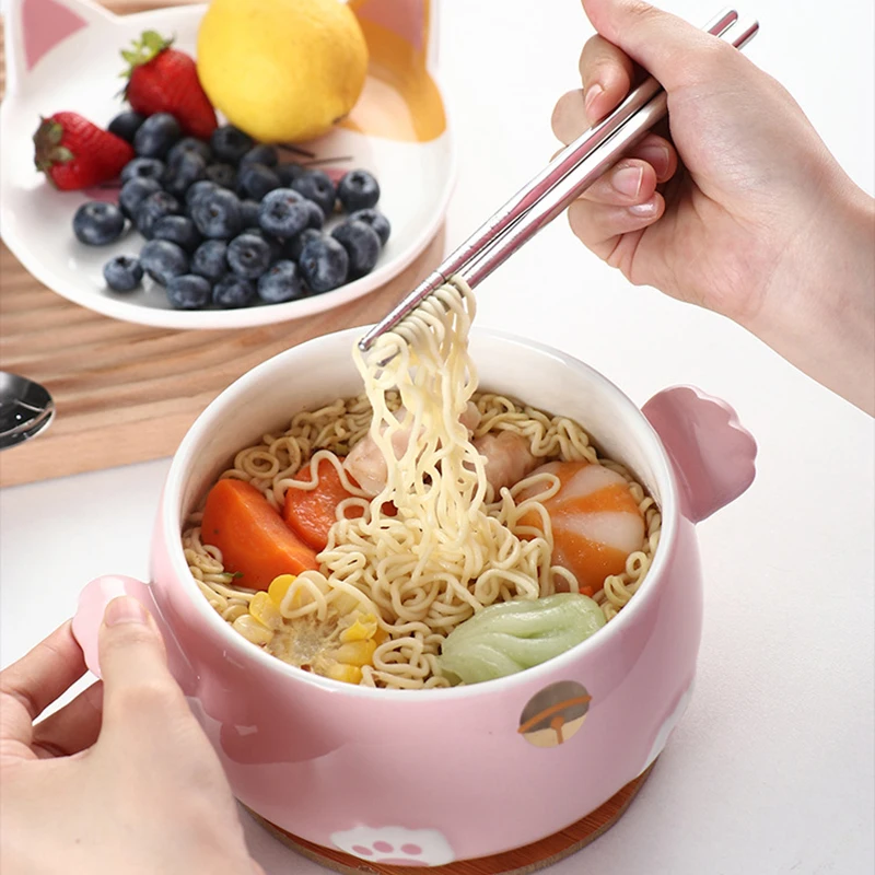 Kawaii Cat Ramen Bowl With Chopsticks Lid Spoon Plate Ceramic Cute Kitchen Salad Fruit Instant Noodle Rice Large Bowl Tableware