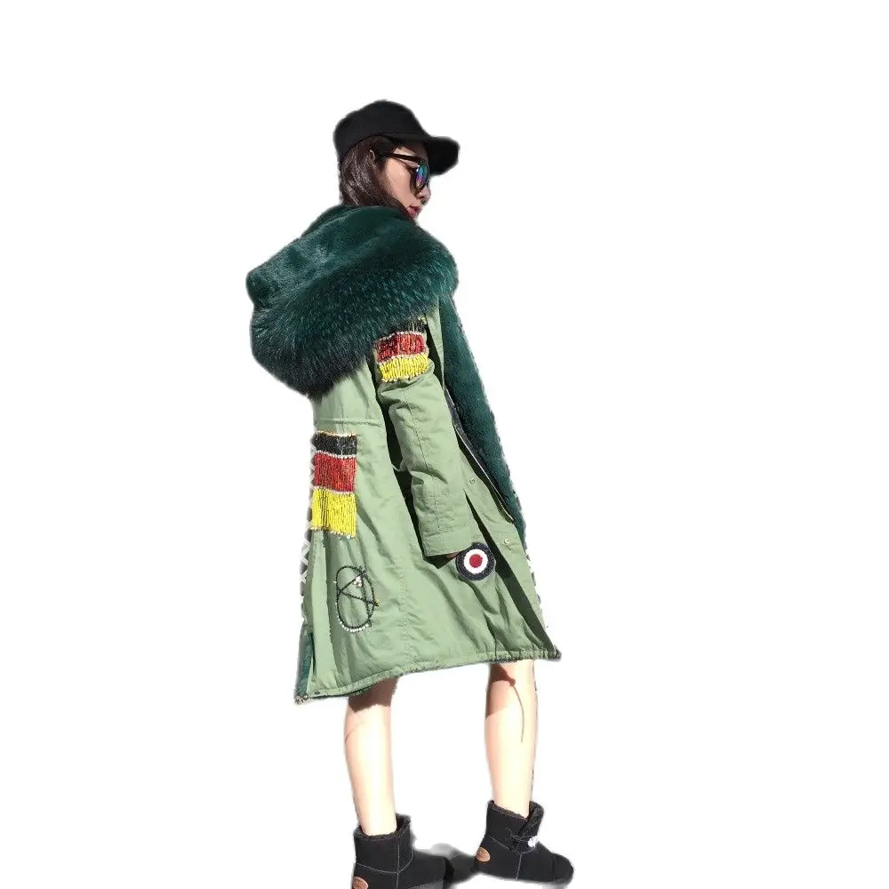 DE Long Parka With Embroidery Pattern Winter Thick Warm Overcoat Dark Green Faux Fur Jacket For Mrs And Mr