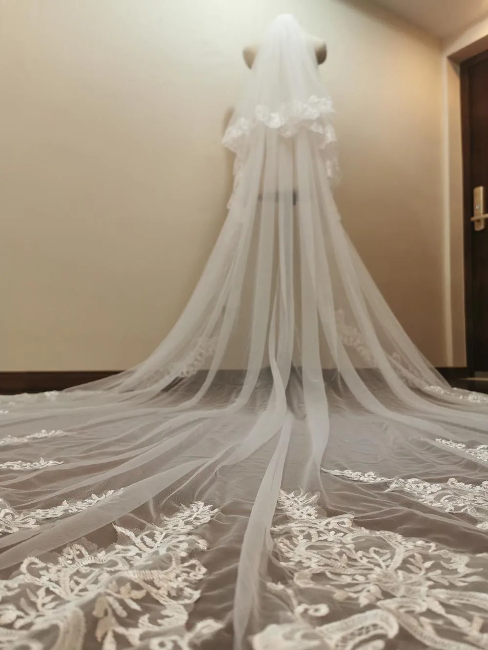 Customized Real Photos Dramatic Scallop Lace Wedding Veil 2 Layers Soft Tulle 3.5 Meters Long Bridal Veil with Comb Accessories