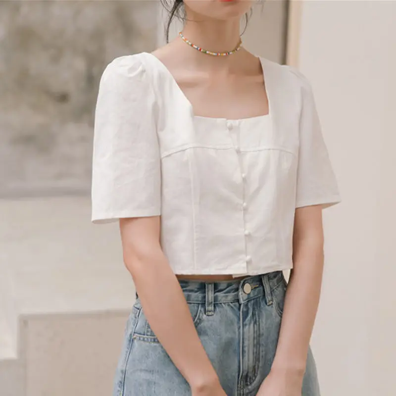 Blouses Women Korean Square Collar Lovely Design College Girls Blouse Slim Single Breasted All-match Sweet Summer Femme Crop Top