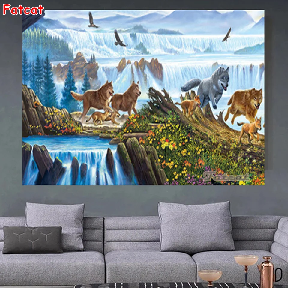 waterfall diy dimond painting full diamond embroidery sale animals running wolf large mosaic canvas painting wall decor PP3552