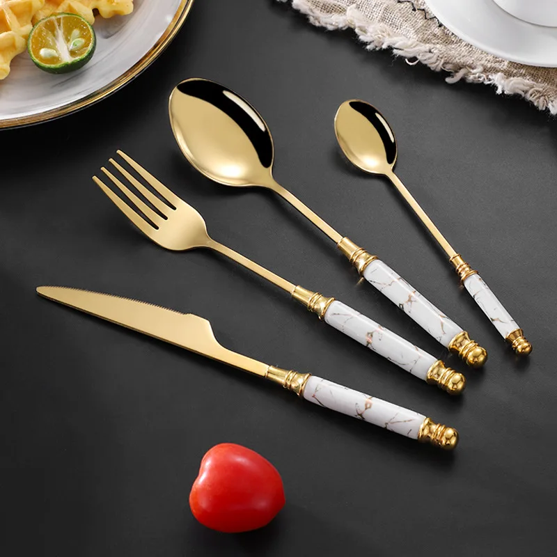 

5Pcs Stainless Steel Marble Cutlery Set with Ceramic Handle Creative Tableware Dinner Knife Fork Spoon Teaspoons Kitchen Tools