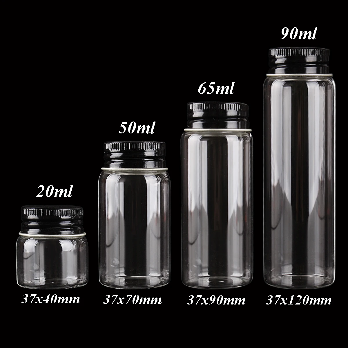 

20ml 50ml 65ml 90ml Glass Bottles with Black Aluminum Lids Diameter 37mm Glass Bottles 15pcs