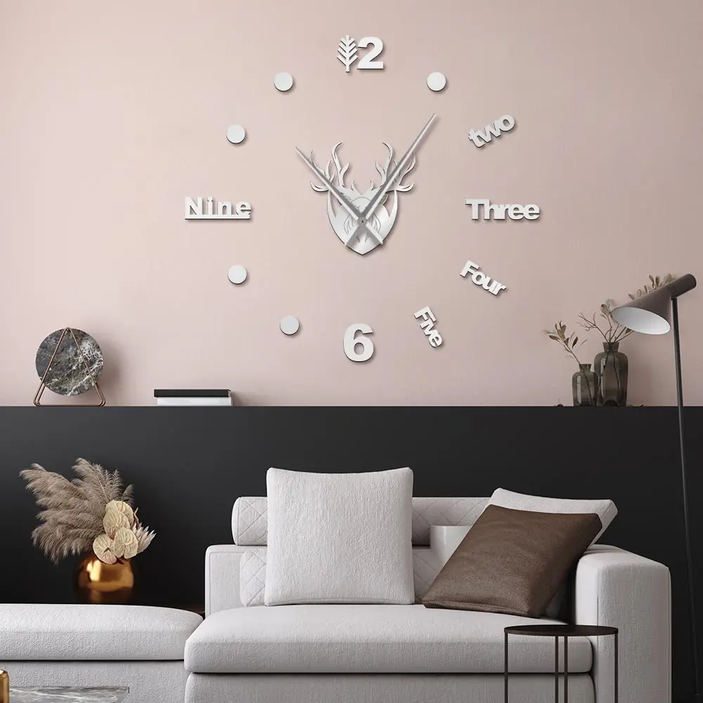 Deer Elk Head 3D Silent Quartz Wall Clock Woodland Animal Hunter  Mirror Effect  Wall Stickers for Living Room Large Watch