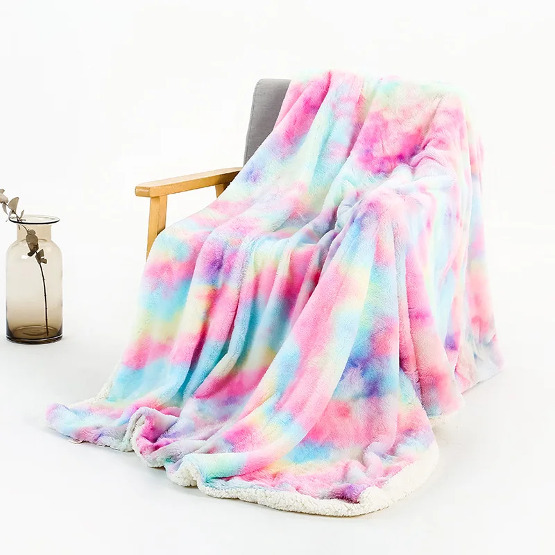 

Tie Dye Reversible Long Shaggy Blanket Faux Fur Fluffy Solid Warm Plush Rainbow Crystal Velvet Throw Rug Sofa Bedding Blanket Co