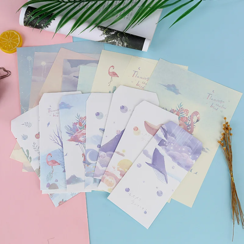 3 Envelope+6 Paper Letter Kawaii Flamingo Whale Creative Stationery School Office Supplies Children Envelope Wedding