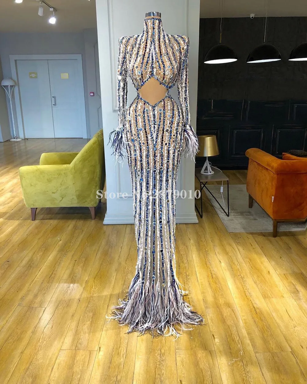 Luxury Illusion Long Sleeves Evening Dress Sheath Full-Length Bling Crystal Stone Sequins Feathers Prom Dress Formal 2020 Dubai