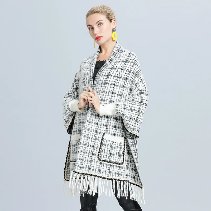 Women Cloak Batwing Sleeve Pocket Coat Tassel Shawl Oversize Outwear Faux Mink Velvet Winter Knitted Houndstooth Poncho Capes