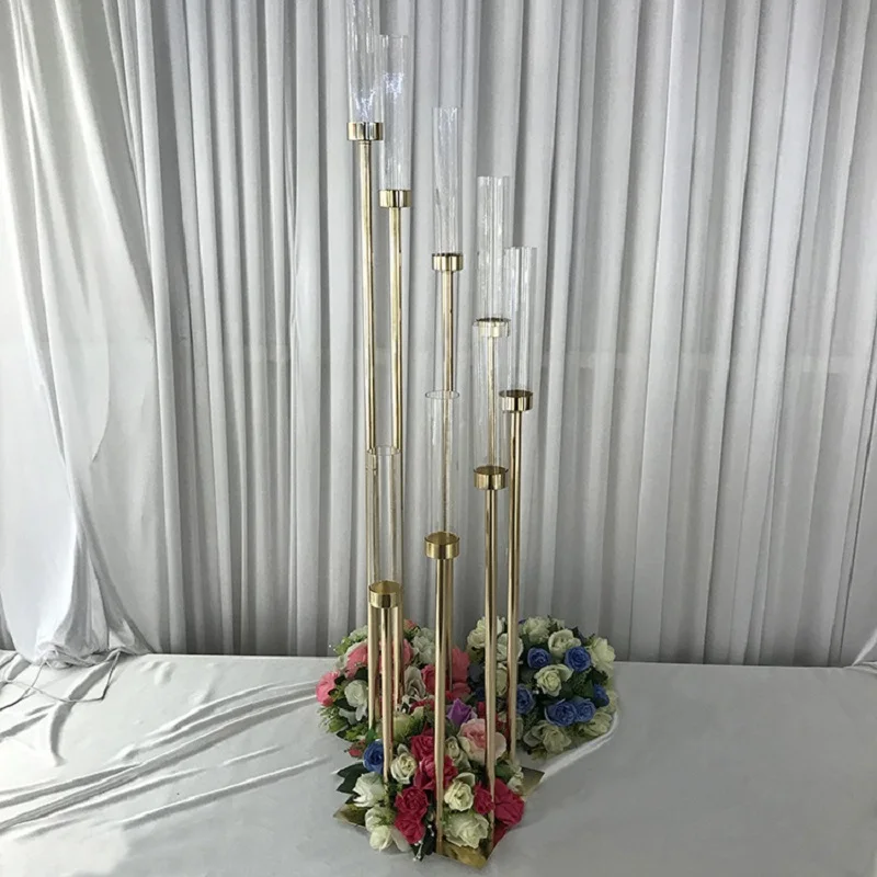 Imagem -04 - Gold Metal Candelabro para Mesa de Casamento Centerpiece Candelabro Acrílico Candelabro Decoração Candelabro Cabeças Pcs por Lote