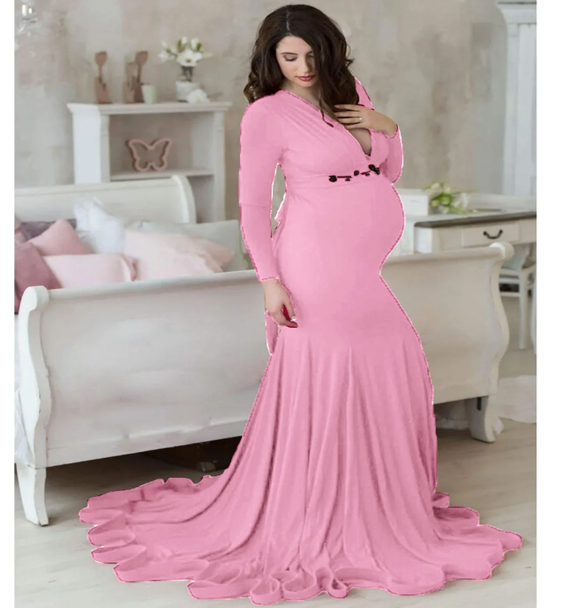 Long Tail Maternity Dresses Photography Props V-Neck Maxi Gown Cotton Dress Pregnant Women Pregnancy Autumn Photo Shoot Clothes