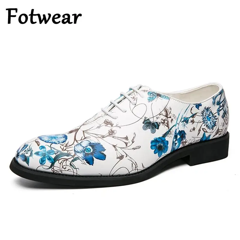 

Wedding Dress Shoes Men Big Size 48 Lace Up Formal Shoes Pointed Toe Male Party Oxfords Sky Blue Floral Leather Zapatos Hombre