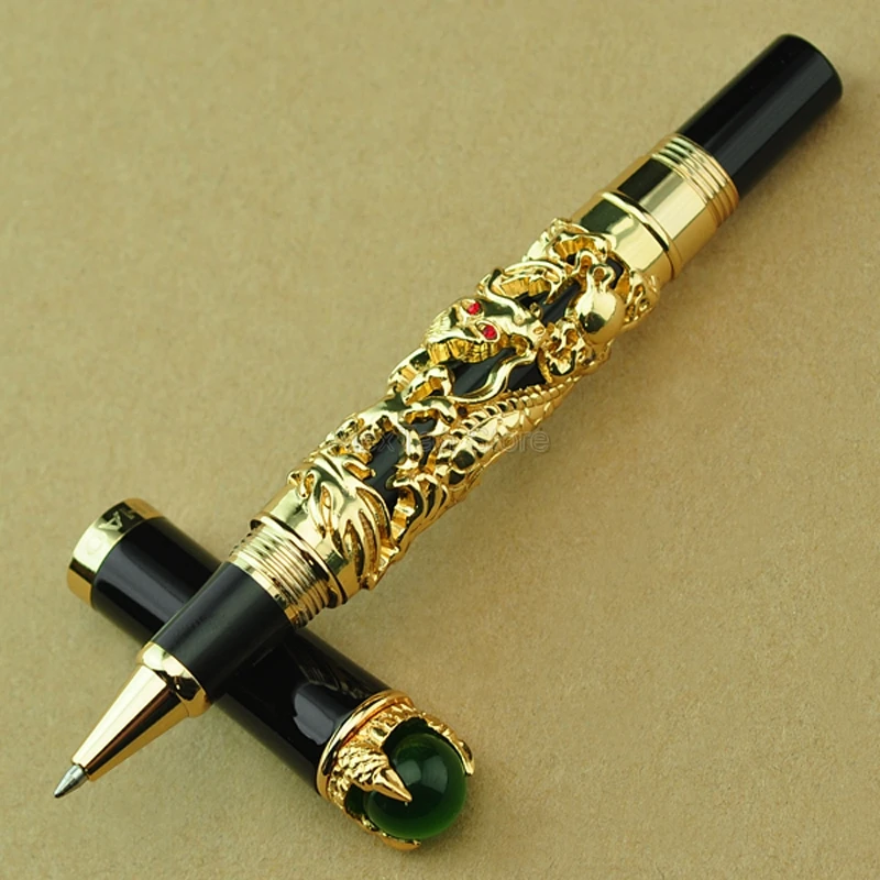 Jinhao Business Dragon King Rollerball Pen , Metal Embossing Green Jewelry on Top, Golden Drawing For Writing Accessories Pens