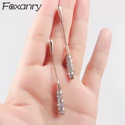 FOXANRY Prevent Allergy Stud Earrings for Women Trend Elegant Sparkling Zircon Tassel Bride Jewelry