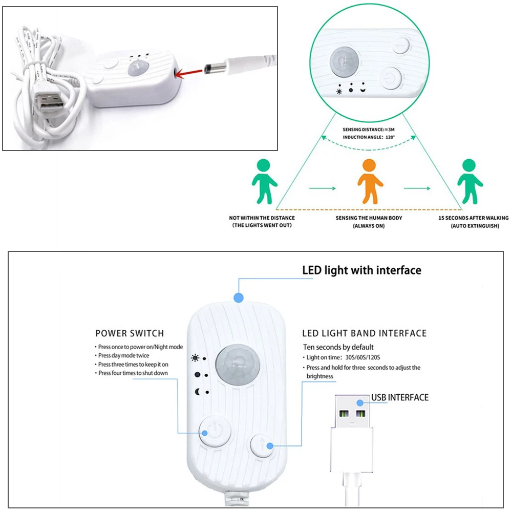 DC5V zasilany przez USB czujnik czujnik światła PIR pasek COB LED FOB COB światła wysokiej gęstości 320 diod/m wstążka sznur oświetleniowy