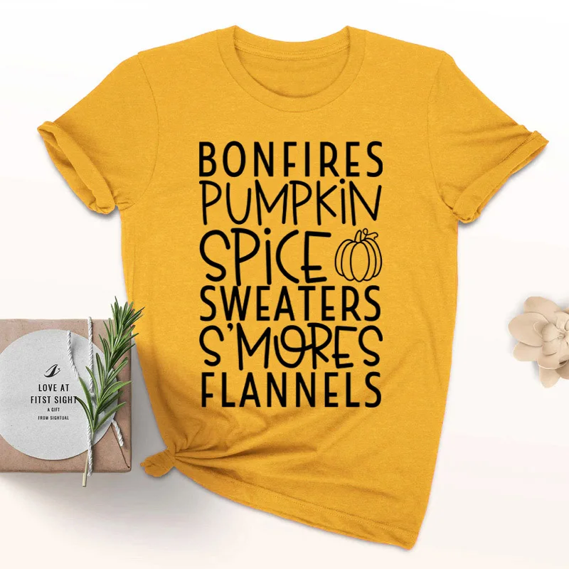 Bonfires Pumpkin Spice Sweaters S'Mores Flannels T-Shirt Fall Yellow Clothes Halloween Pumpkin Tee Favorites Pumpkin Holiday Top