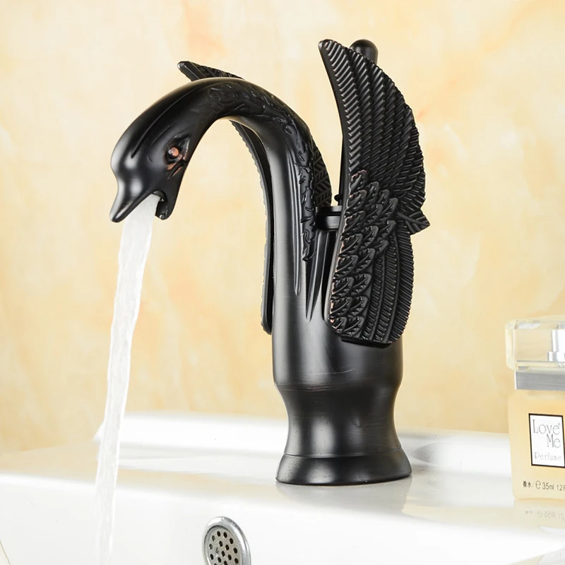 Hot Selling Swan Shape Retro Black Bronze Bathroom Sink Faucet Deck-mounted Creative Basin Cold Hot Water Mixer Tap B3216