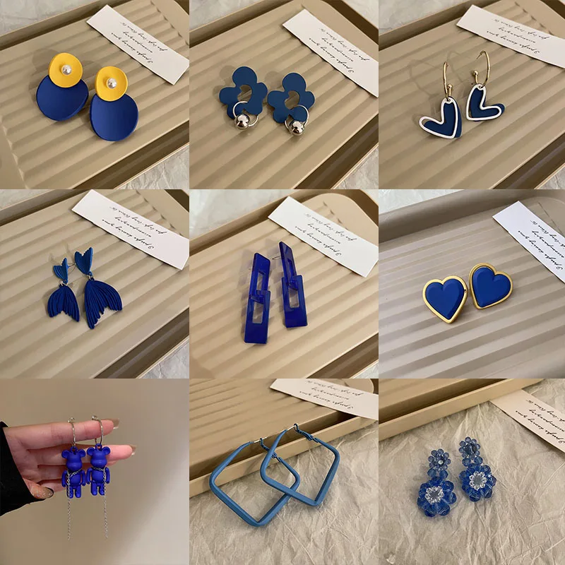 Korean Fashion Klein Blue Earrings for Women Punk Geometric Heart Circle Oval Exaggerated Temperament Simple Jewelry Accessories