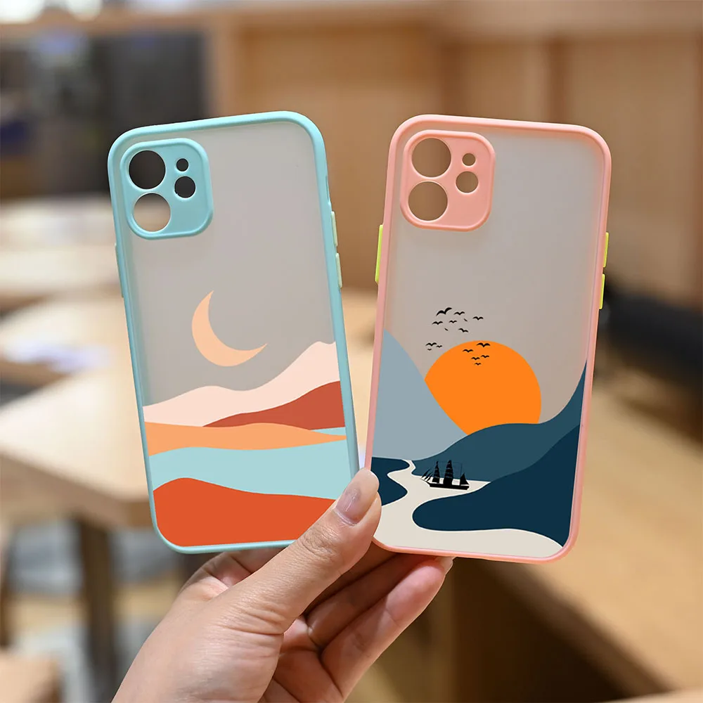 Hand Painted Phone Case For iPhone 13 12 11 Pro XS MAX X 7 XR SE20 8 6 Plus Landscape Scenery Shockproof Hard Cover Matte Fundas