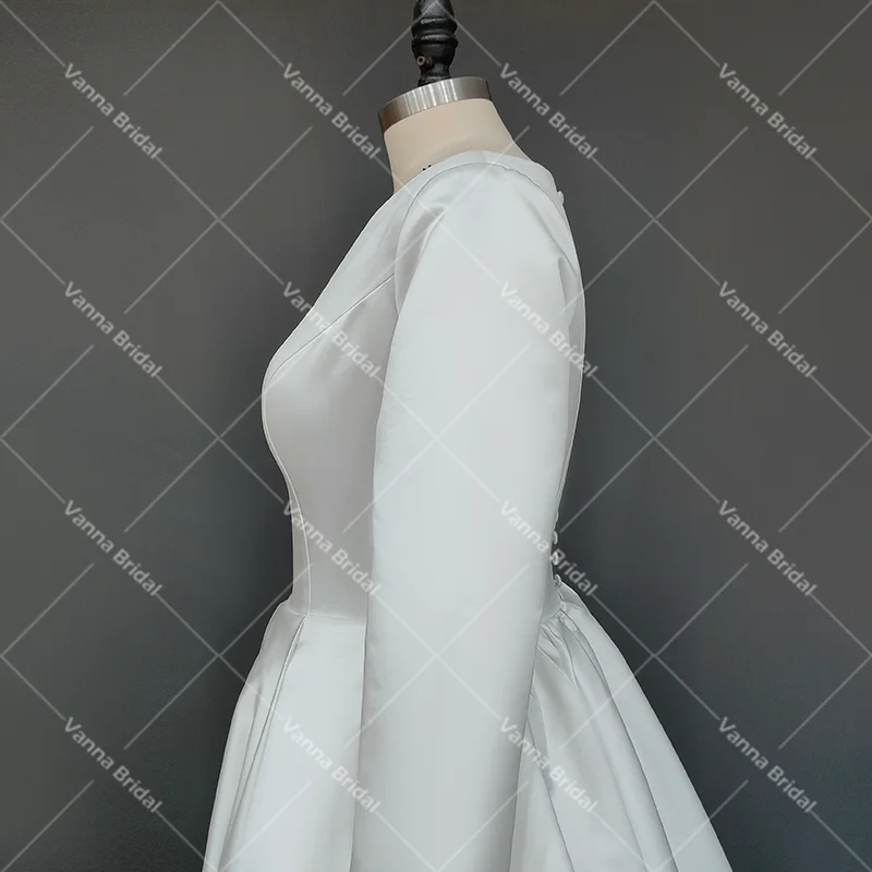 Luxe Satin Muslim Boat Neck Wedding Dress Long Sleeves Buttons Custom Made Plus Size Simple Chapel Train Ballgown Bridal Gown