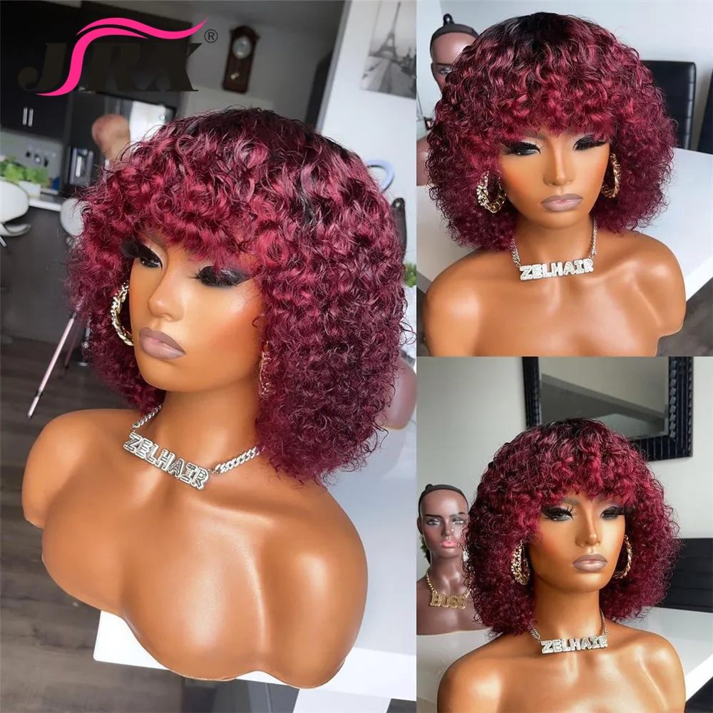 

Jerry Curly Short Pixie Cut Bob Wigs with Bangs 1B99j Burgundy Honey Blonde Colored Full Machine Made Human Hair Wigs for Women