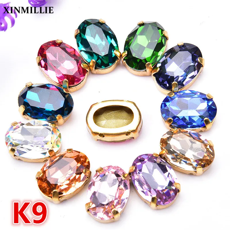 30pcs K9 Rhinestones Mixed Crystal 10*14mm Oval With Gold Claw Setting Sewing For Wedding Dress Decoration Strass Button DIY