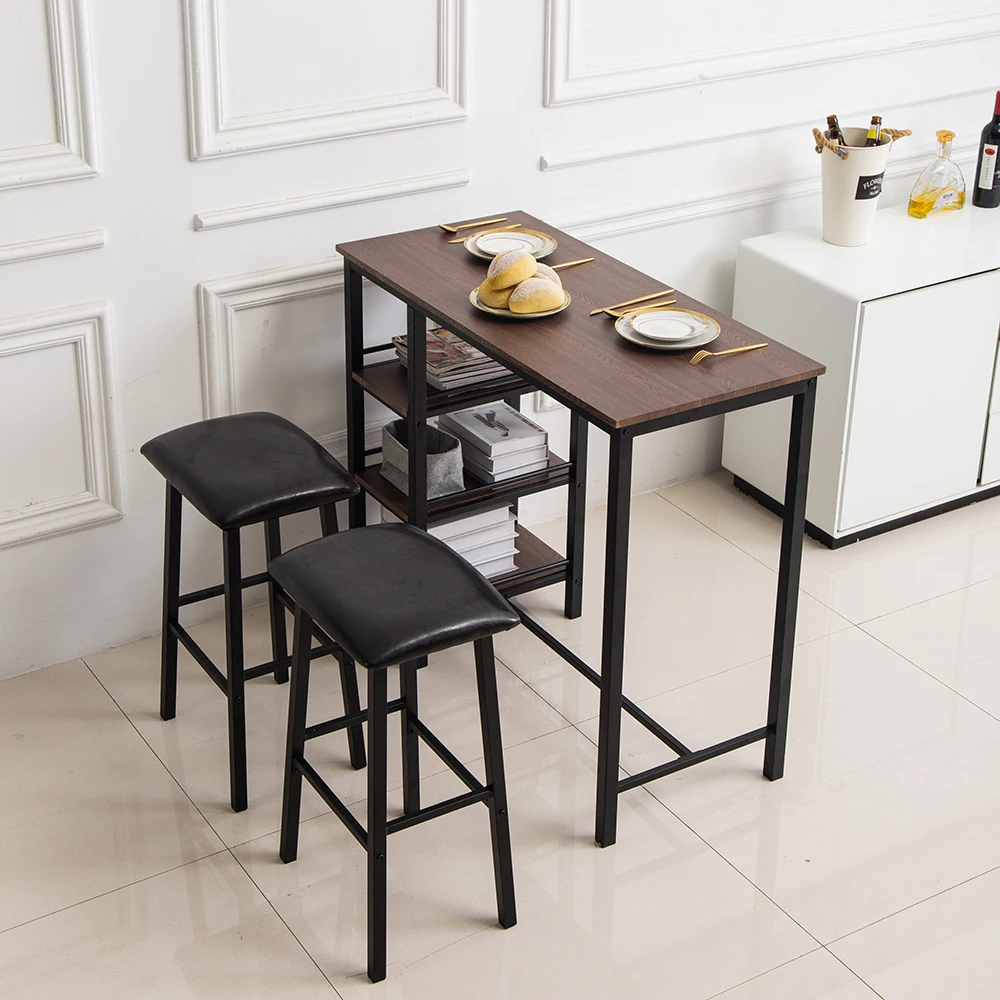 Bar Table Set PVC Wood Grain Three-Layer Frame Couple Bar Table Soft Bag Bar Stool (One Table and Two Stools)