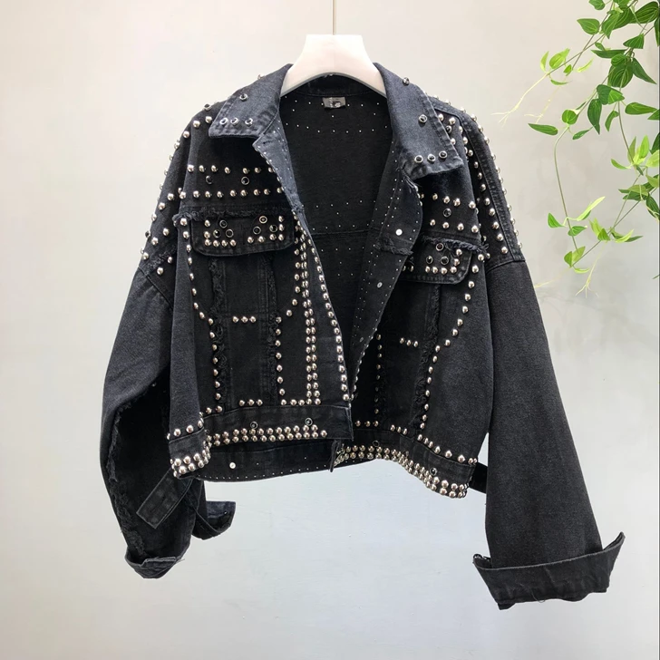 Spring Autumn Women\'s Harajuku Red Denim Jacket Hand Beaded Rivet Short Black Students Basic Jeans Coats Outfit