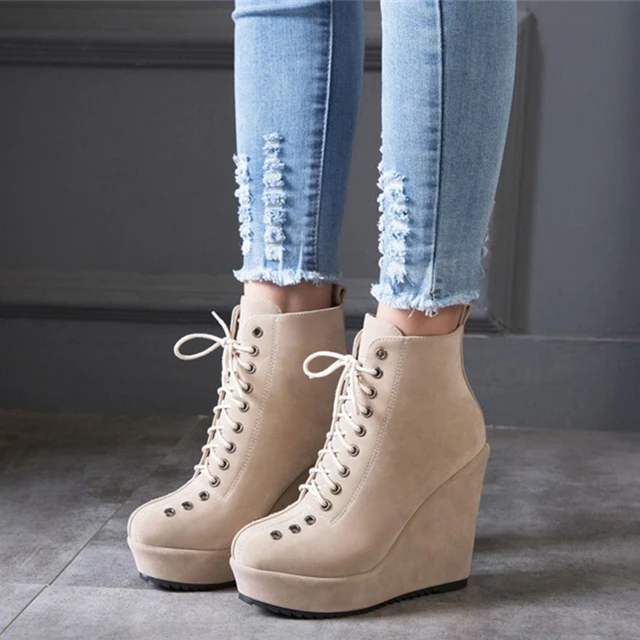 Platform Women s Ankle Boots Autumn Winter Shoes Wedge High Heels Lace Up Short Boot Nude Black Suede Wedges Dance Party Shoes