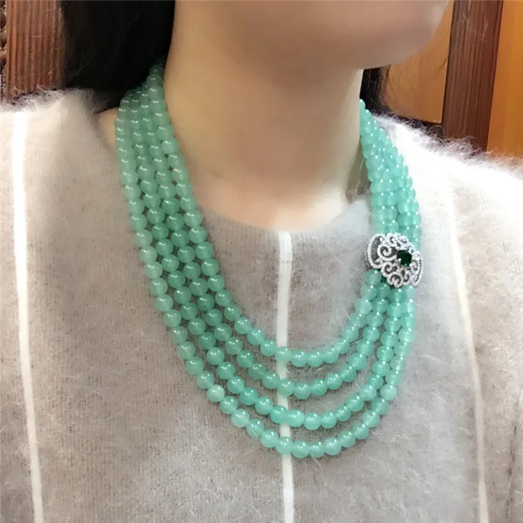 

Hot sell natural dongling green stone beads multi-layered micro inlay zircon clasp necklace fashion jewelry