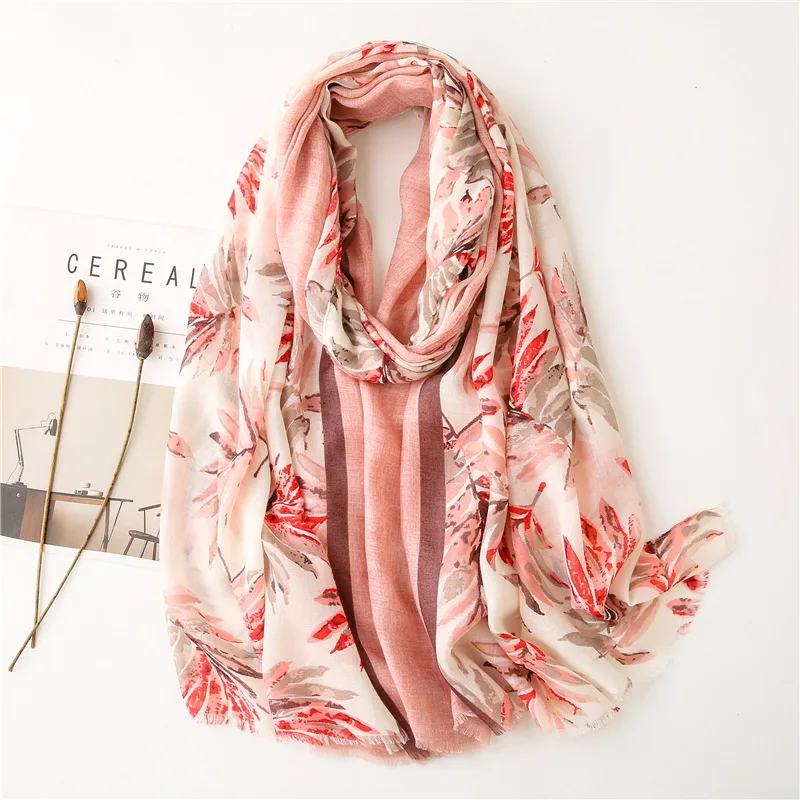 2021-new-ombre-leaf-print-fringe-scarf-shawls-cotton-soft-leaves-pattern-wrap-head-hijab-cotton-scarves-2-color