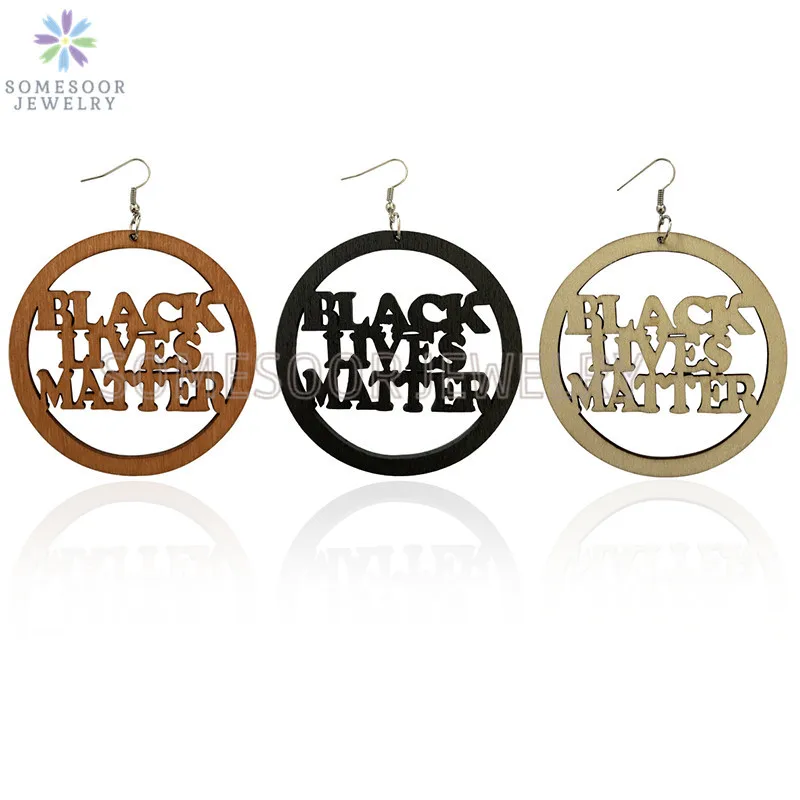 SOMESOOR 7.5cm Big African Natural Wooden Earrings Laser Engraved Black Lives Matter Melanin Ear Loops For Women Christmas Gift