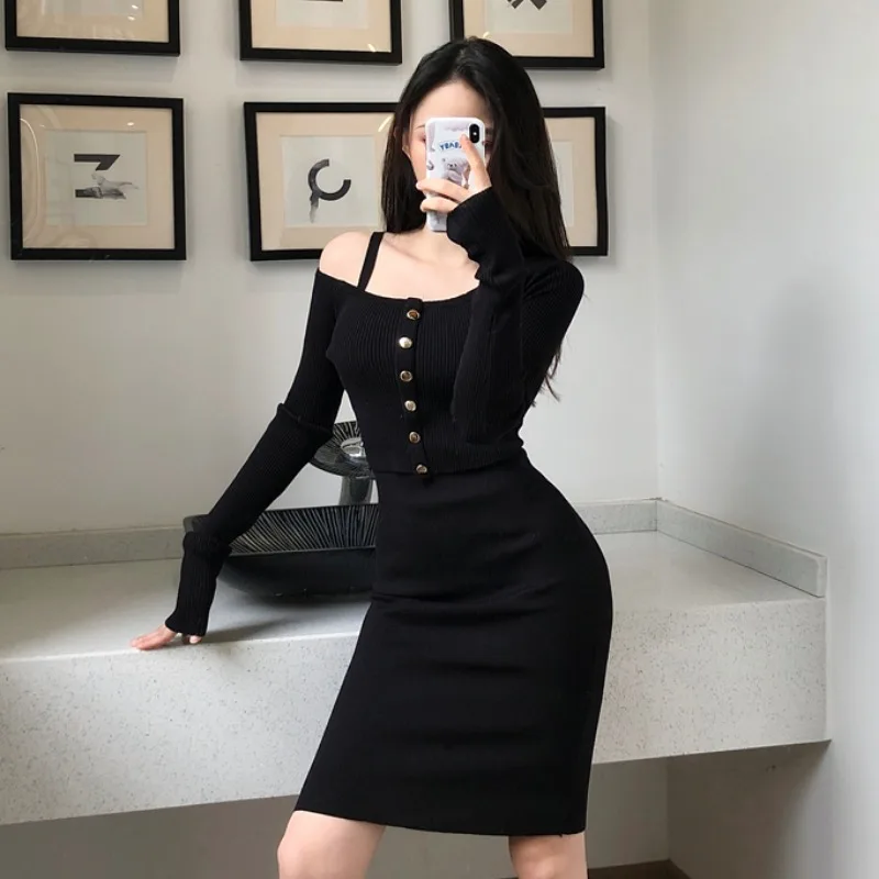 Korean Style Knitting Triped Long Sleeve Solid Pink Cardigan Cropped Tops Spaghetti Strap Dresses Suits Two Piece Bodycon Robe