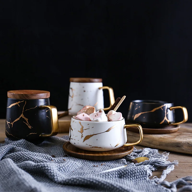 Mármore Cerâmica Caneca com Copos e Pires De Madeira, Matte Gold Coffee Cup, Japonês Preto e Branco Phnom Penh Cup