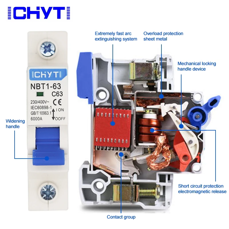 1P AC MCB NBT1-63 C Type 230/400V~ 50HZ/60HZ Mini Circuit Breaker 6A 10A 16A 20A 25A 32A 40A 50A 63A