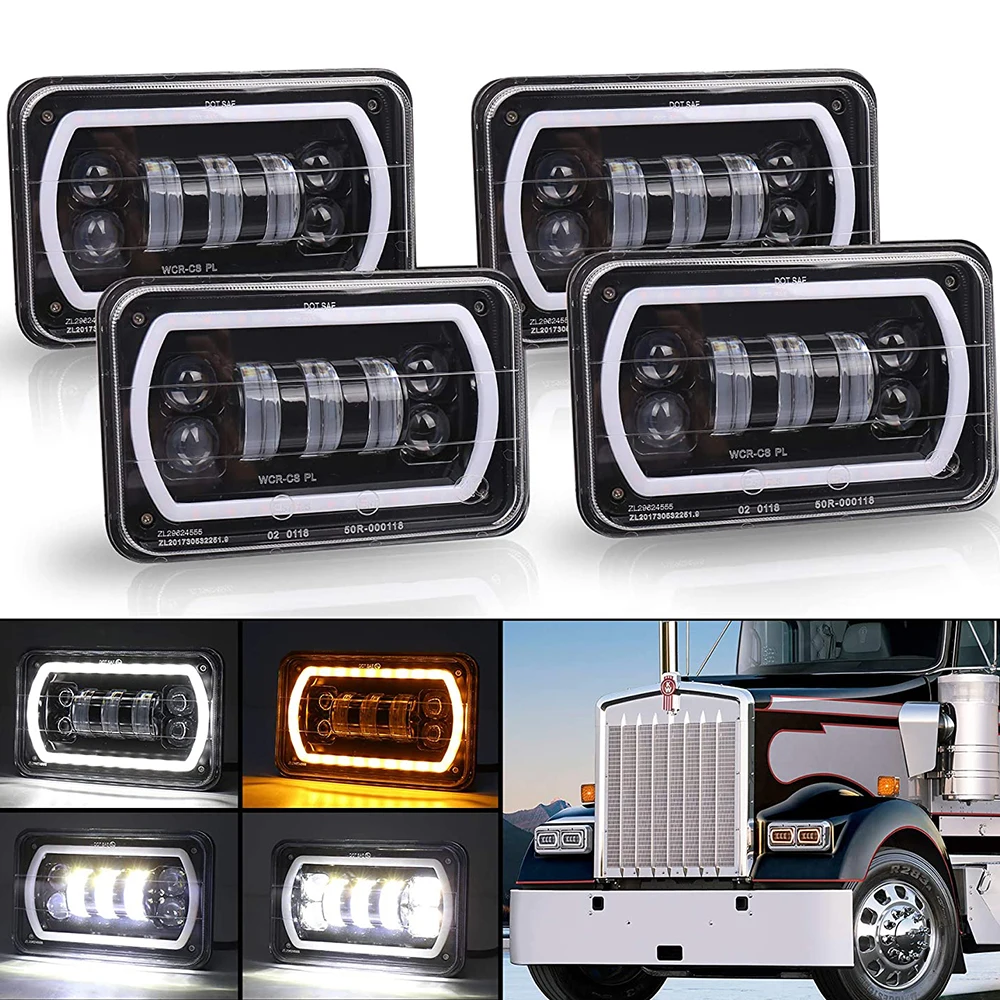 MOVOTOR Off Road 4x6 Led Headlights with White/Yellow Halo Seal Beam Replacement Headlamp for Ford Kenworth Peterbilt Semi Truck