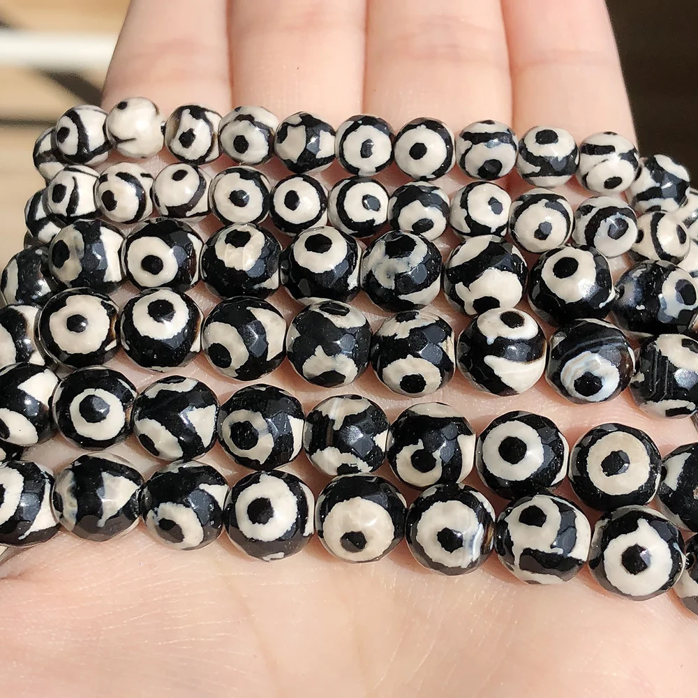 8/10/12mm Natural Faceted Tibetan Black DZI Eye Agate Beads Round Loose Spacer Beads For Jewelry Making DIY Bracelets Necklace