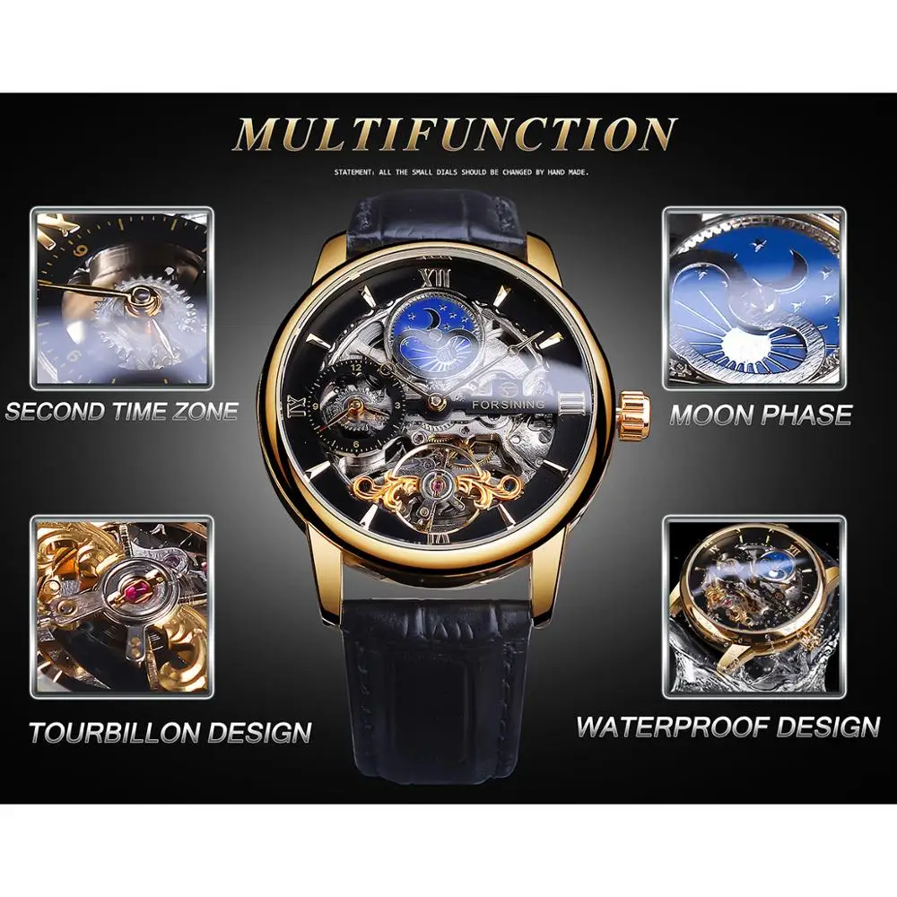 Forsining Skeleton Dial Dual Time Zone Mechanical Watch Black Gold Leather Band Moon Phase Tourbillon Waterproof Automatic Watch