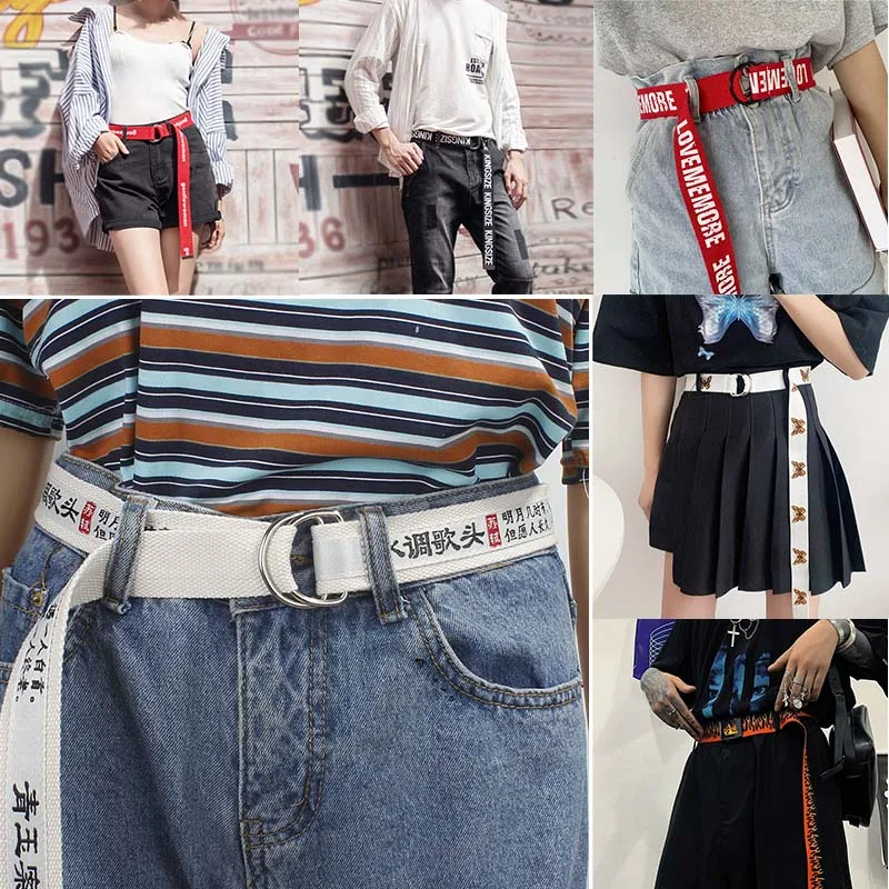 66 Styles Harajuku Unisex Canvas Belts Letter Print Double D Ring Buckle Waist Strap Dress Jeans Student Youth Long Waistband