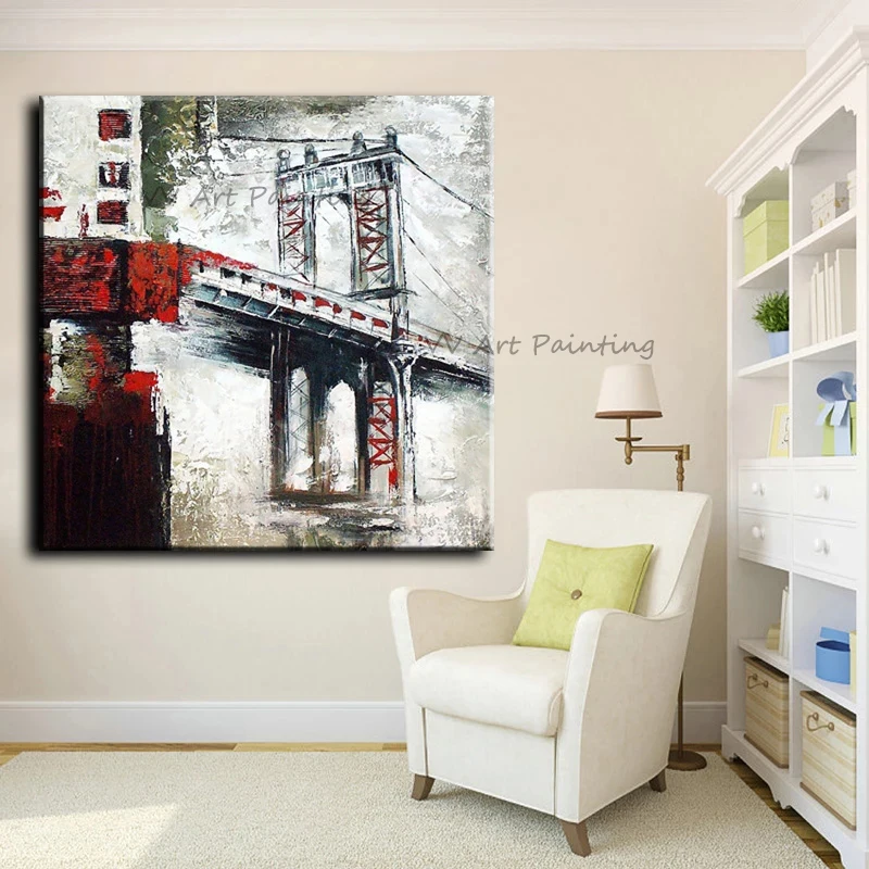 Abstract Canvas City Painting Graphic Contemporary Art 100% Handpainted Bridge Wall Picture Modern Home Living Room Decoration