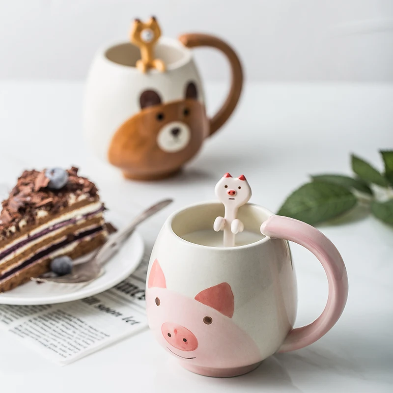 1pc Hand-painted Coffee Cup Lovely Panda/frog/cat/pig Ceramic Mug Teacup Include Teaspoon